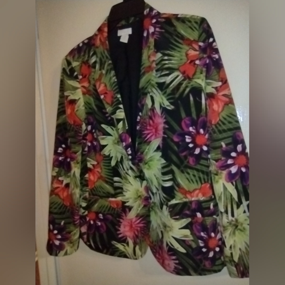 Chicos Tropical Vibe Blazer, Label is Size 1, approx M, EUC